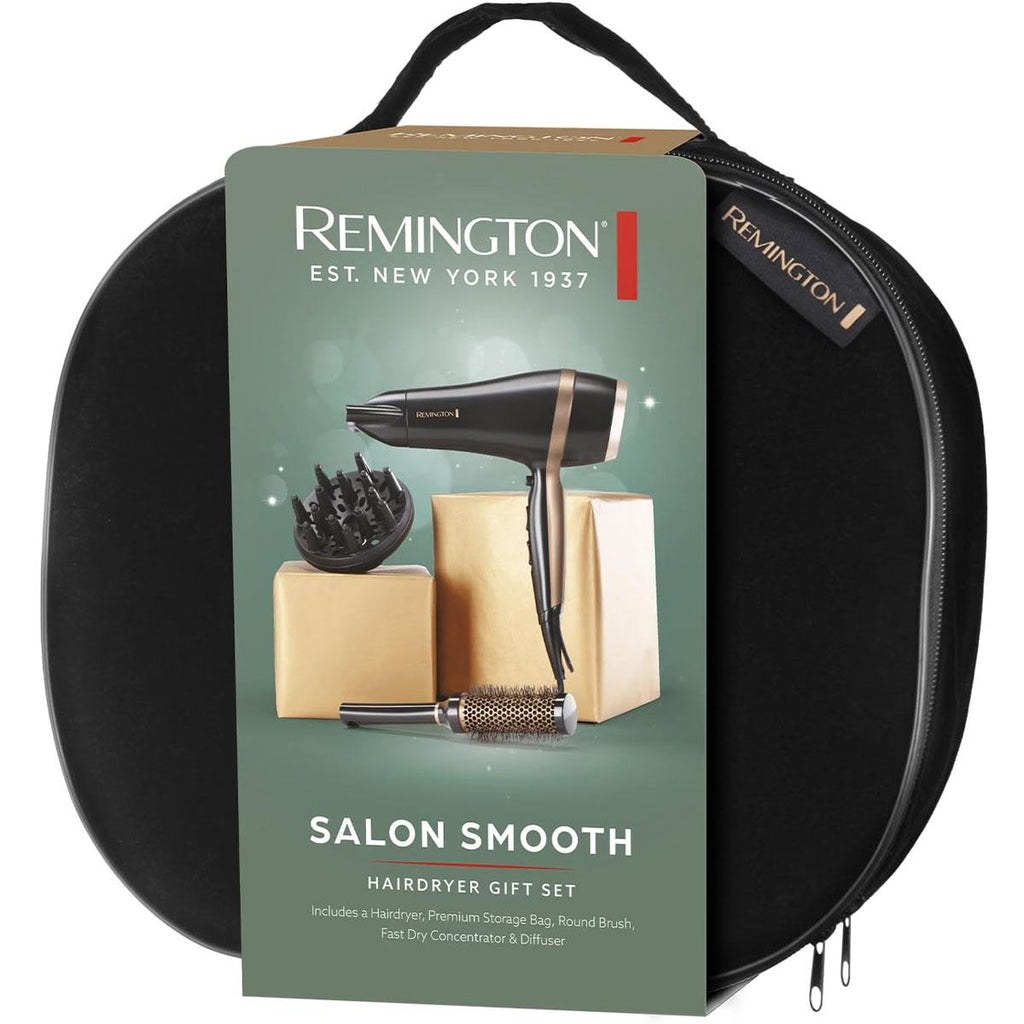 Remington Salon Smooth Hair Dryer 2000W Gift Set With Concentrator & Diffuser Ceramic Ionic Grille 3 Heat & 2 Speed Settings Cool Shot Round Brush Black