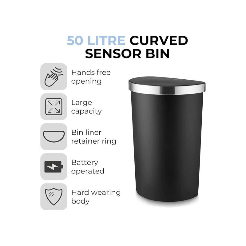 Tower Curved Sensor Bin With Bin Liner Retainer Ring Durable PP Body Battery Operated Stainless Steel Trim Lid 50 Litres Black