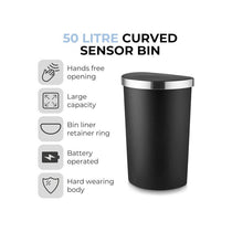 Tower Curved Sensor Bin With Bin Liner Retainer Ring Durable PP Body Battery Operated Stainless Steel Trim Lid 50 Litres Black