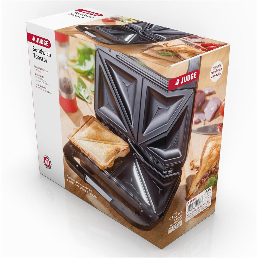 Judge Non-Stick Sandwich Maker 2 Toasties Satin Stainless Steel Seal And Cut Plates Cool Touch Handle 750W Silver