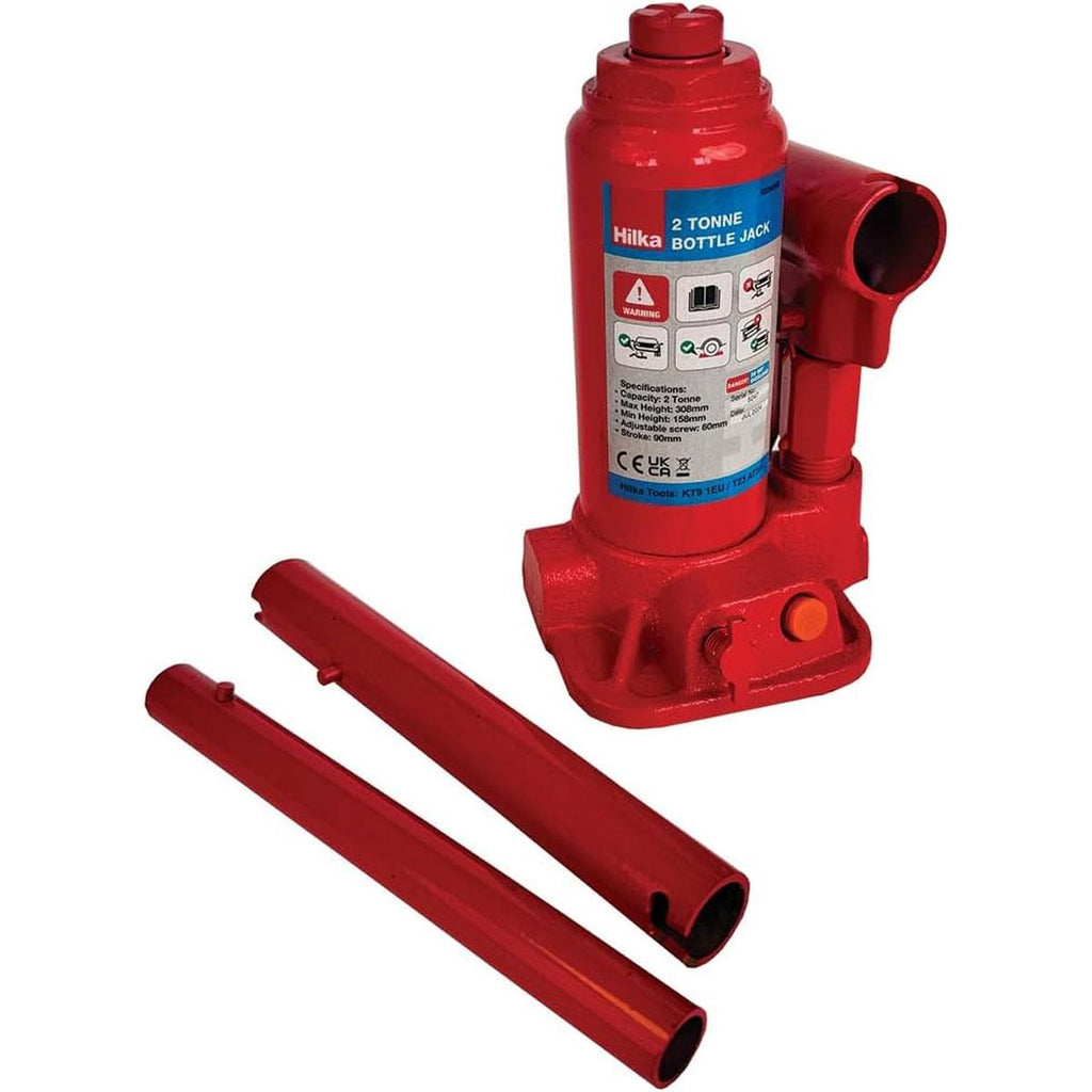 Hilka Tools 2 Tonne Bottle Jack Lifting Range 181 - 345mm With 2 Tonne Capacity High Quality Polished Steel Red