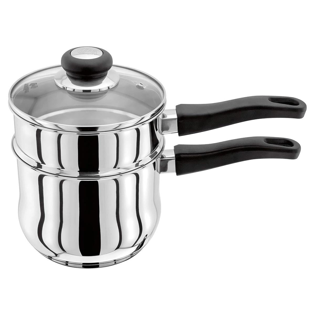 Judge Vista Porringer/Double Boiler/Bain Marie Saucepan And Base 16cm/1.5 Litres Stainless Steel Shatterproof Vented Glass Lid Silver