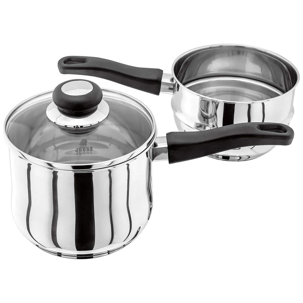 Judge Vista Porringer/Double Boiler/Bain Marie Saucepan And Base 16cm/1.5 Litres Stainless Steel Shatterproof Vented Glass Lid Silver