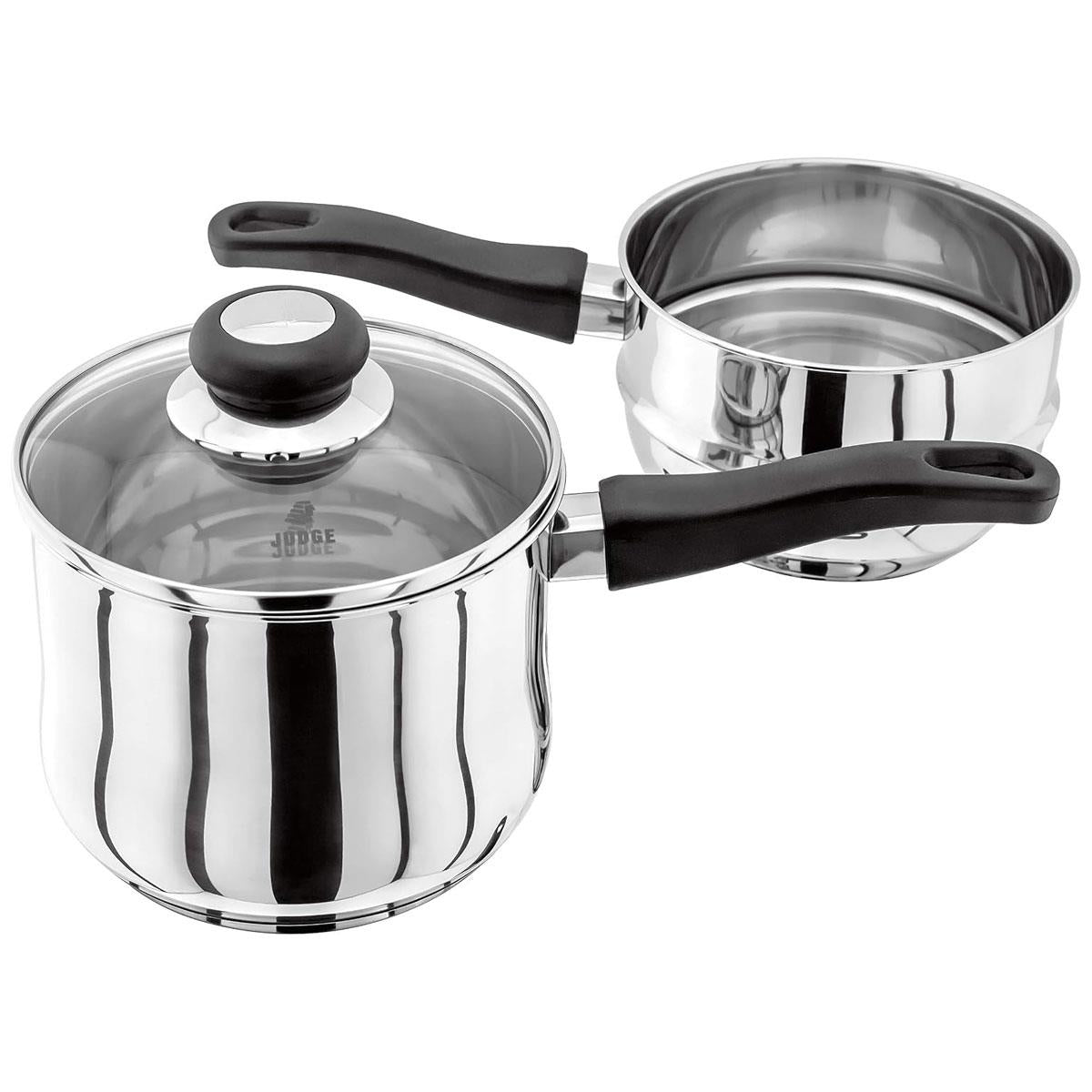 Judge Vista Porringer/Double Boiler/Bain Marie Saucepan And Base 16cm/1.5 Litres Stainless Steel Shatterproof Vented Glass Lid Silver