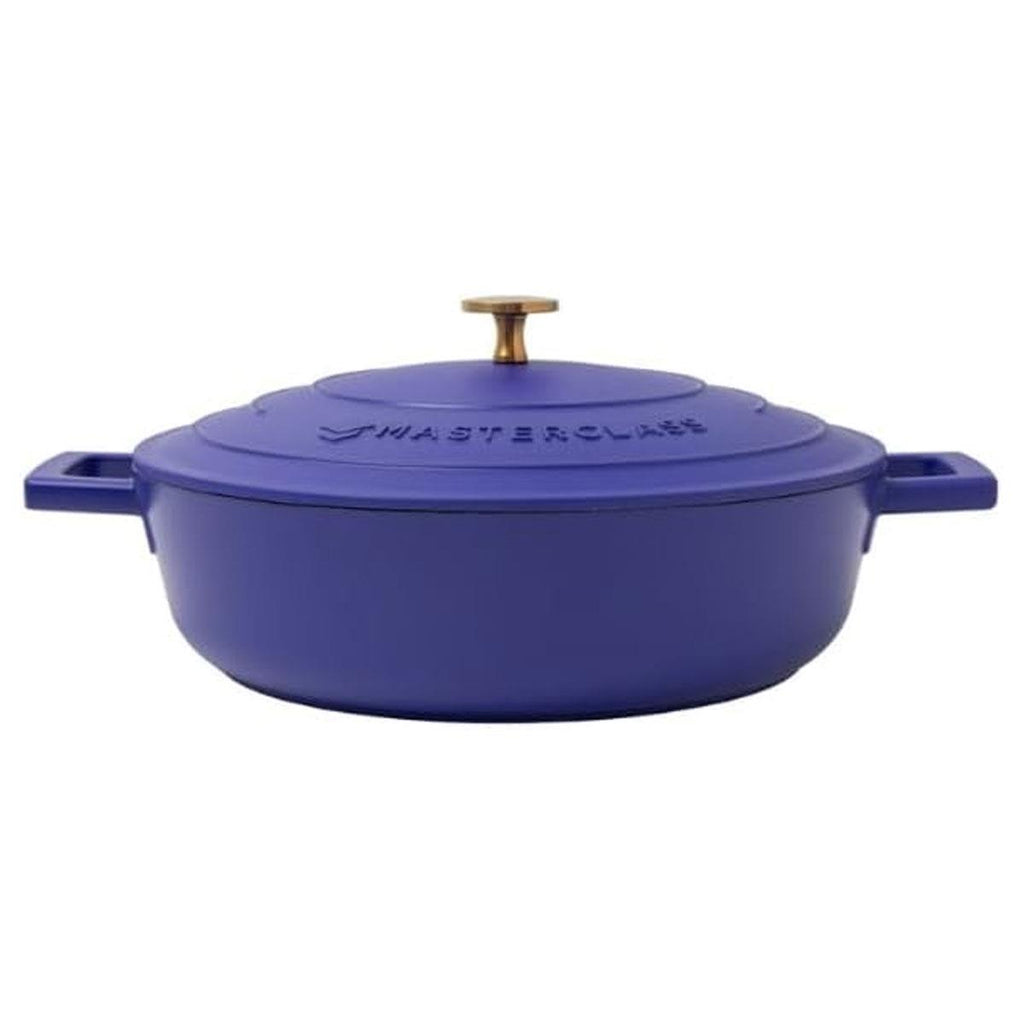 MasterClass Shallow Casserole Dish 28cm/4 Litre Non-Stick Cast Aluminium With Self-Basting Lid Blue