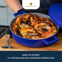 MasterClass Shallow Casserole Dish 28cm/4 Litre Non-Stick Cast Aluminium With Self-Basting Lid Blue