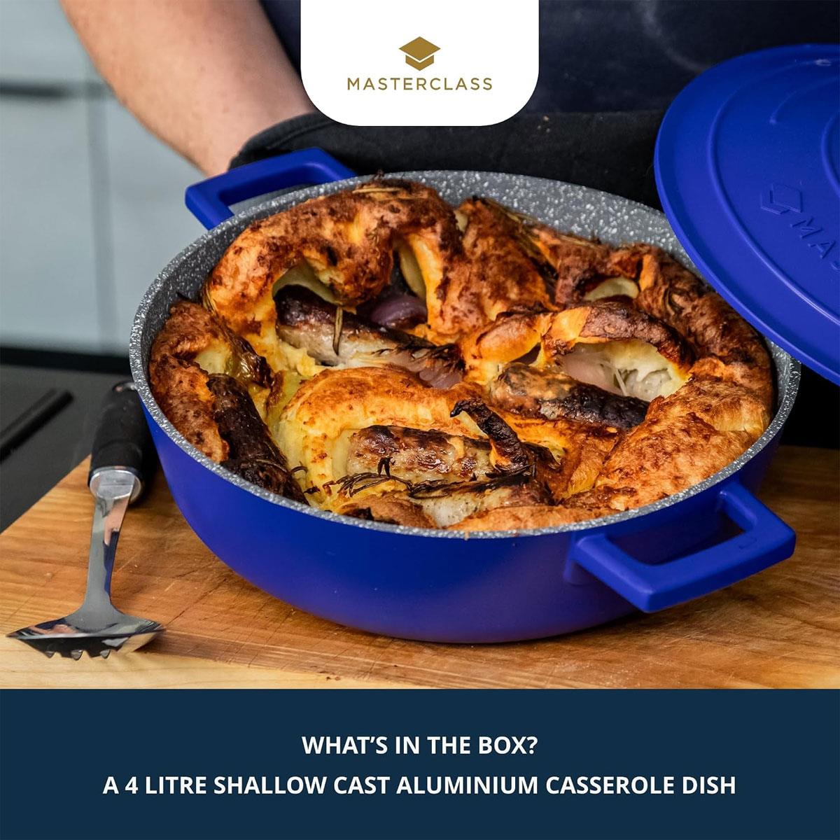 MasterClass Shallow Casserole Dish 28cm/4 Litre Non-Stick Cast Aluminium With Self-Basting Lid Blue