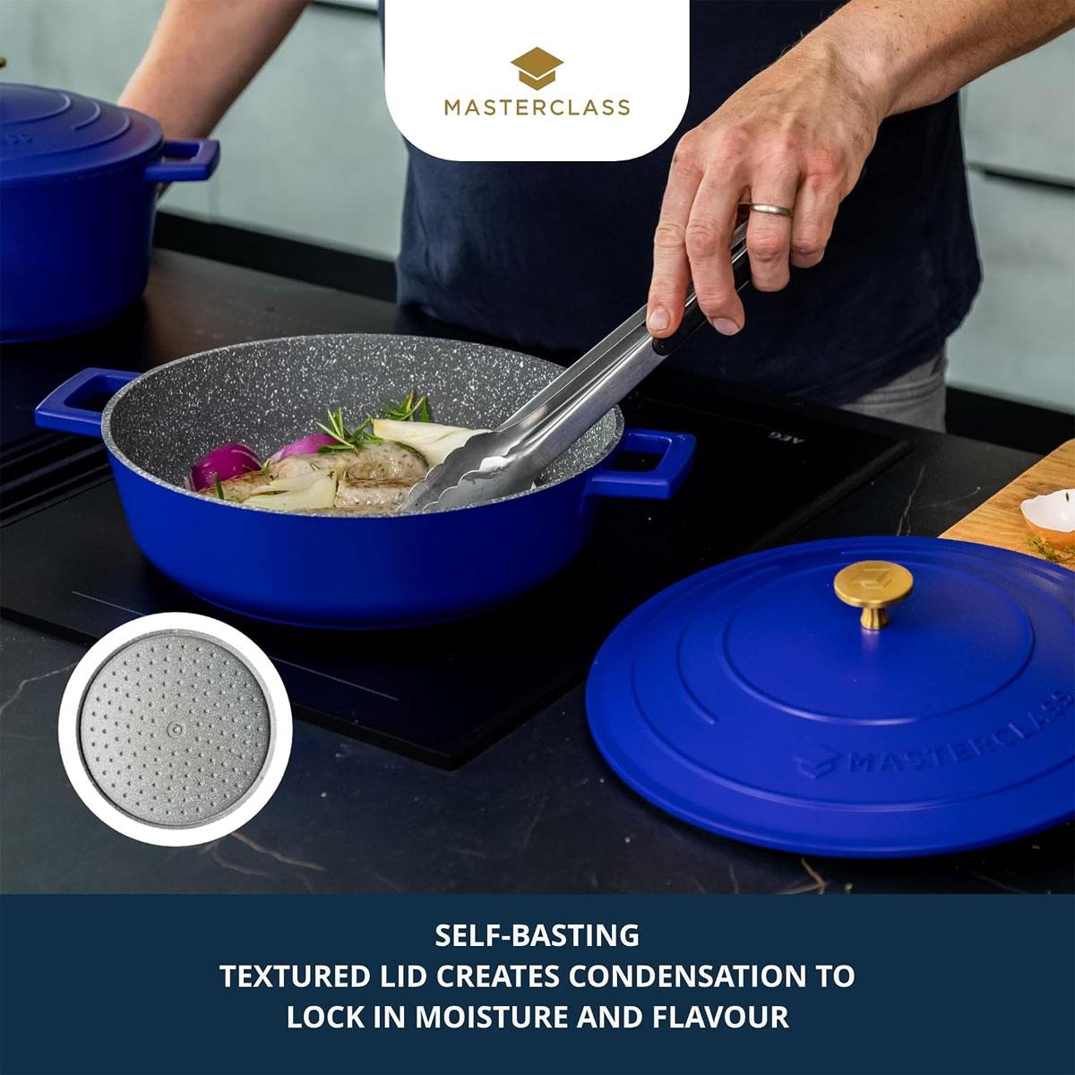 MasterClass Shallow Casserole Dish 28cm/4 Litre Non-Stick Cast Aluminium With Self-Basting Lid Blue
