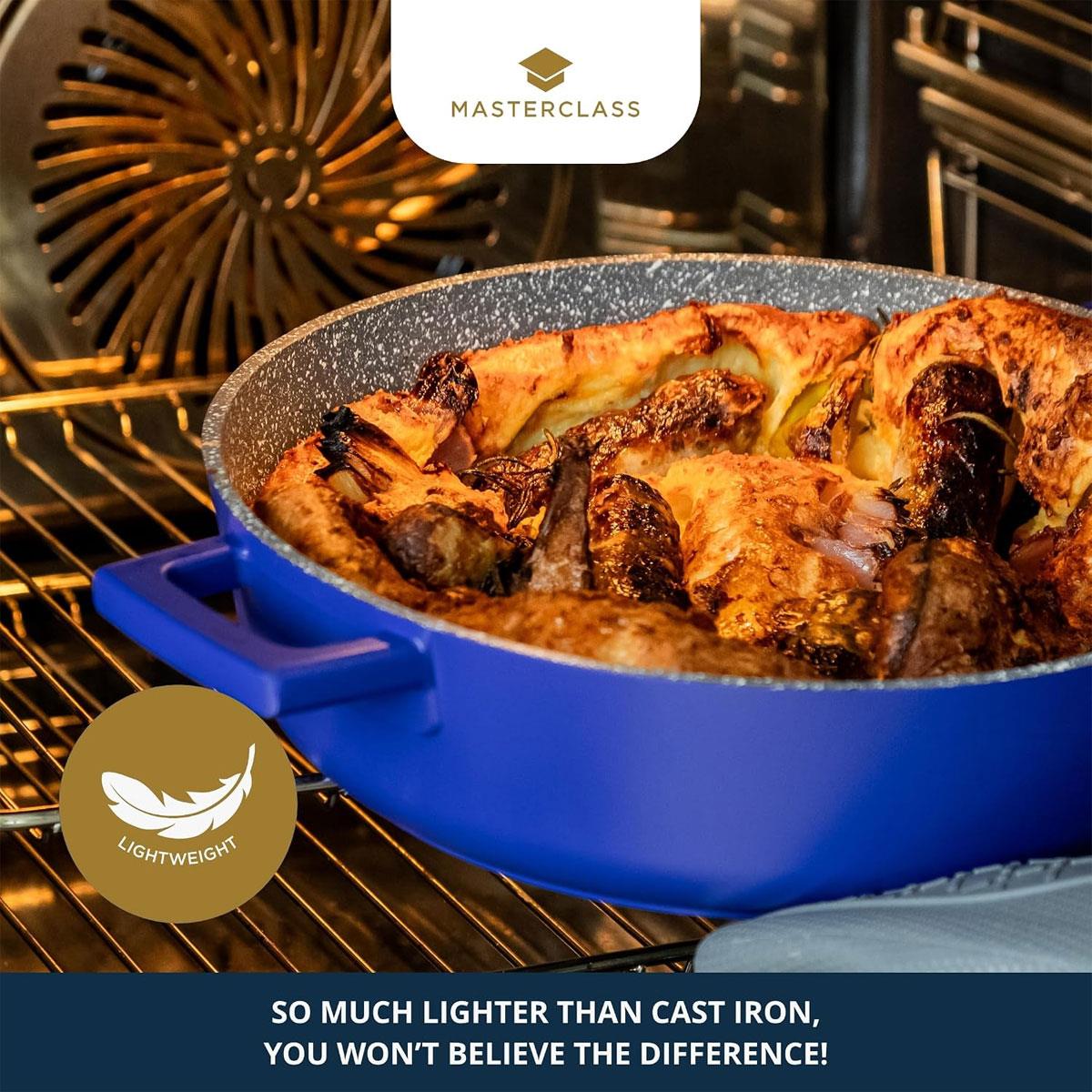 MasterClass Shallow Casserole Dish 28cm/4 Litre Non-Stick Cast Aluminium With Self-Basting Lid Blue
