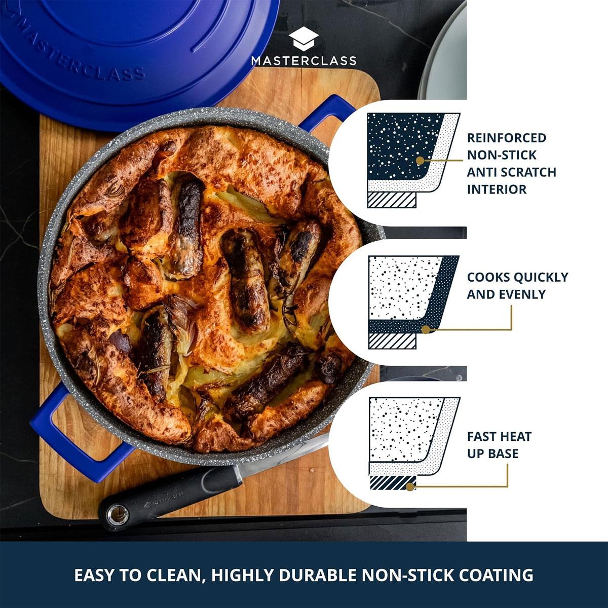 MasterClass Shallow Casserole Dish 28cm/4 Litre Non-Stick Cast Aluminium With Self-Basting Lid Blue