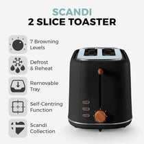 Tower Scandi Style 2 Slice Toaster Adjustable Browning Control Centring Function 800W Black