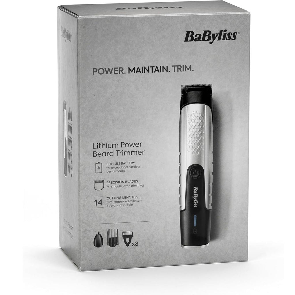 BaByliss Lithium Power Beard Trimmer Cordless Grooming Kit Nose And Ear Trimmer 14 Cutting Lengths 0.5–10mm Stainless Steel Blades Black