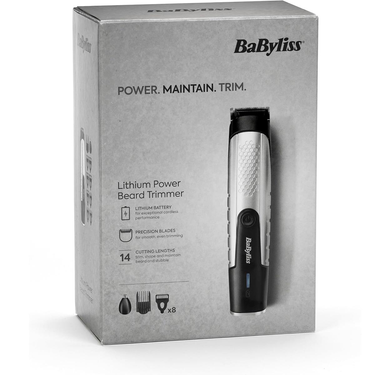 BaByliss Lithium Power Beard Trimmer Cordless Grooming Kit Nose And Ear Trimmer 14 Cutting Lengths 0.5–10mm Stainless Steel Blades Black
