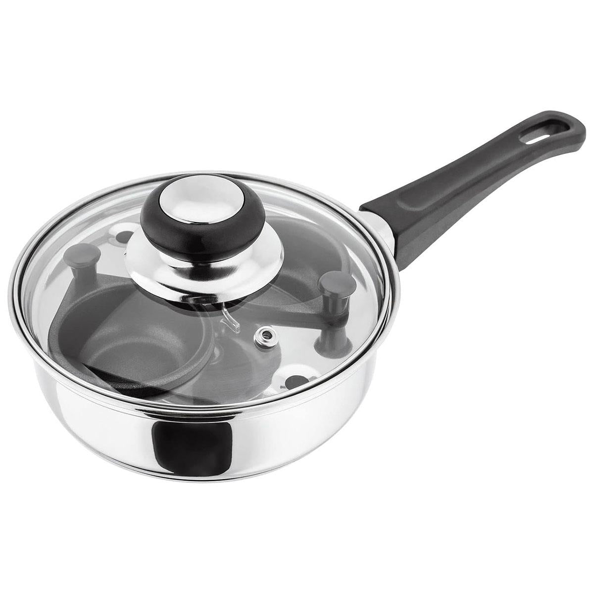 Judge Essentials Two Cup Egg Poacher Frying Pan 16cm Vented Glass Lid Stay-Cool Handle Stainless Steel Silver