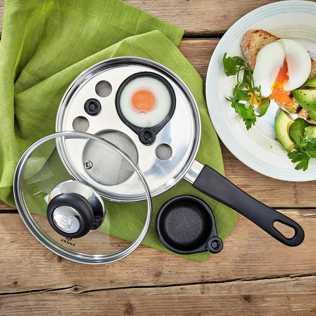 Judge Essentials Two Cup Egg Poacher Frying Pan 16cm Vented Glass Lid Stay-Cool Handle Stainless Steel Silver