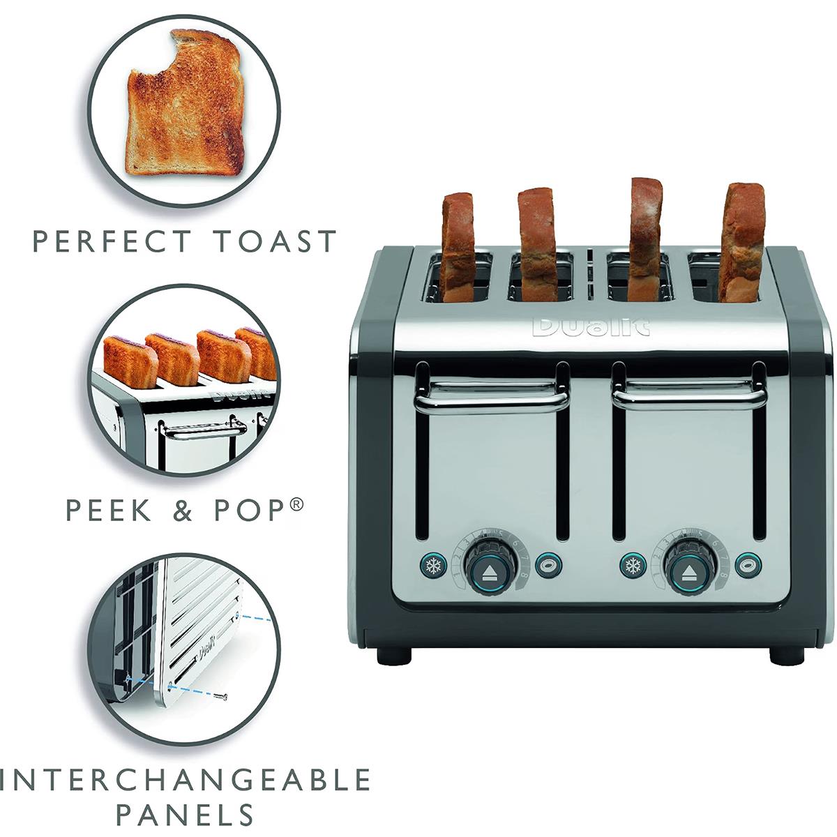 Dualit Architect 4 Slice Toaster Polished Stainless Steel Extra-Wide 36mm Slots 2250W Grey