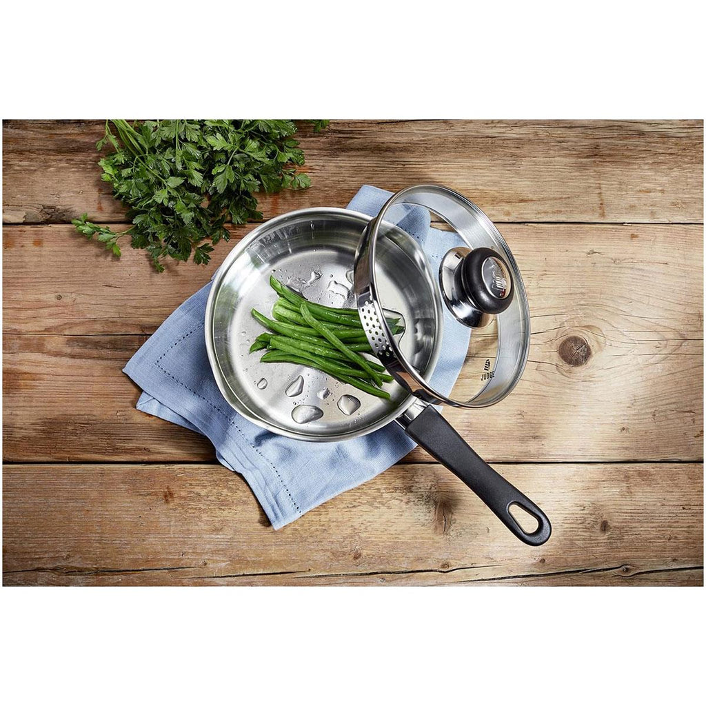 Judge Vista Draining Cookware Set Set of 5 16cm 18cm 20cm Saucepans With Pouring Lip And Strainer Lids 14cm Milk Pan 26cm Non-Stick Frying Pan Silver