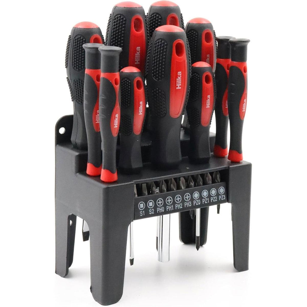 Hilka Tools Screwdriver Set Chrome Vanadium Steel Soft Grip Handles With Storage Stand 21 Piece