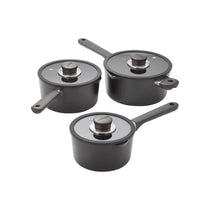 Judge Vista Ceramic Draining Saucepan 16cm/18cm/20cm 3 Piece Set Non-Stick Aluminium Base Stay Cool Handles Black