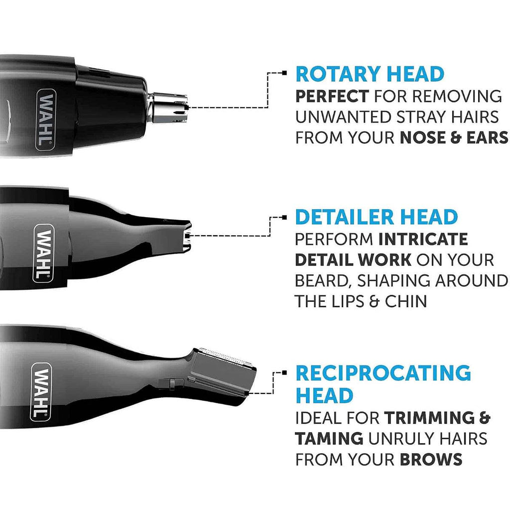 Wahl 3 In 1 Personal Trimmer Ear Nose Eyebrow Facial Hair Trimmer Rechargeable Washable Heads Black