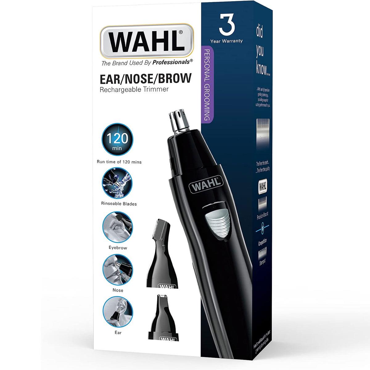 Wahl 3 In 1 Personal Trimmer Ear Nose Eyebrow Facial Hair Trimmer Rechargeable Washable Heads Black