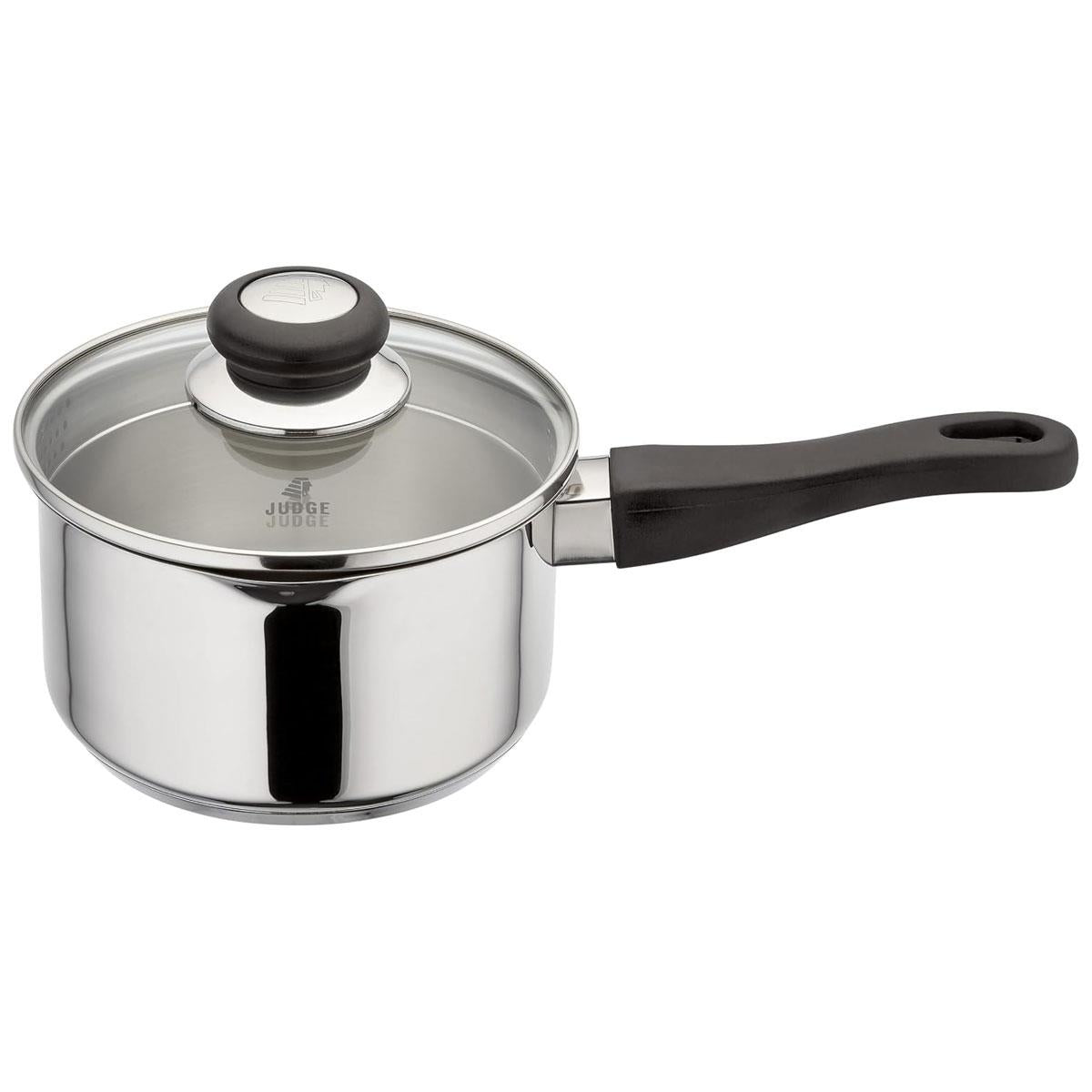 Judge Vista Draining Saucepan 16cm 1.5L Stainless Steel Non-Stick Pan with Vented Glass Lid