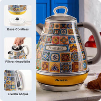 Ariete Positano Electric Jug Kettle Stainless Steel Painted Steel Retro Italian Tile Design 2000W 1.7 Litre Multicolour