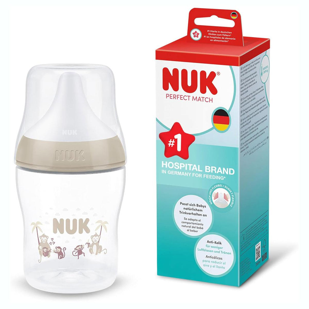 NUK Perfect Match Baby Bottle 150ml Anti Colic Feeding Bottle Temperature Control Indicator 0+ Months Monkey