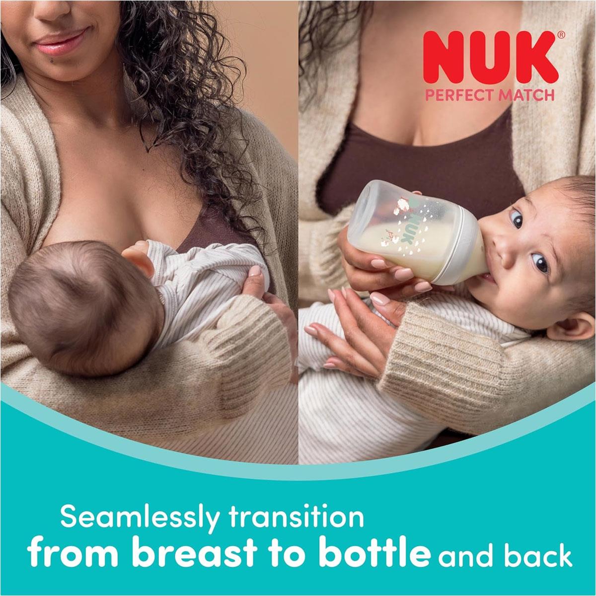 NUK Perfect Match Baby Bottle 150ml Anti Colic Feeding Bottle Temperature Control Indicator 0+ Months Monkey