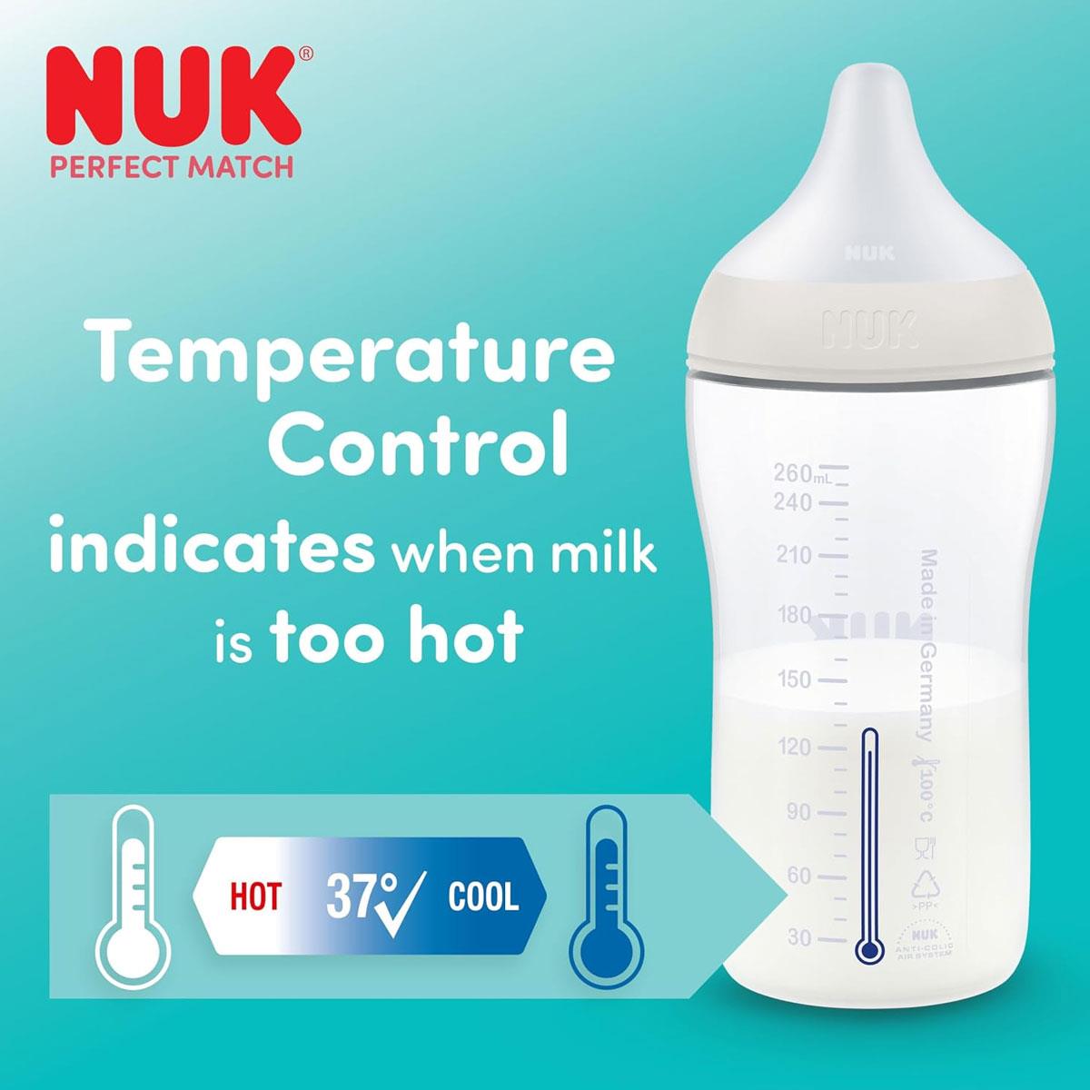 NUK Perfect Match Perfect Start Newborn Essentials Baby Bottles Set 4 x Anti-Colic Feeding Bottles (150ml, 260ml) 2 x Teats 1 x Air Dummy 1 x Bottle Brush 0-6 Months Neutral