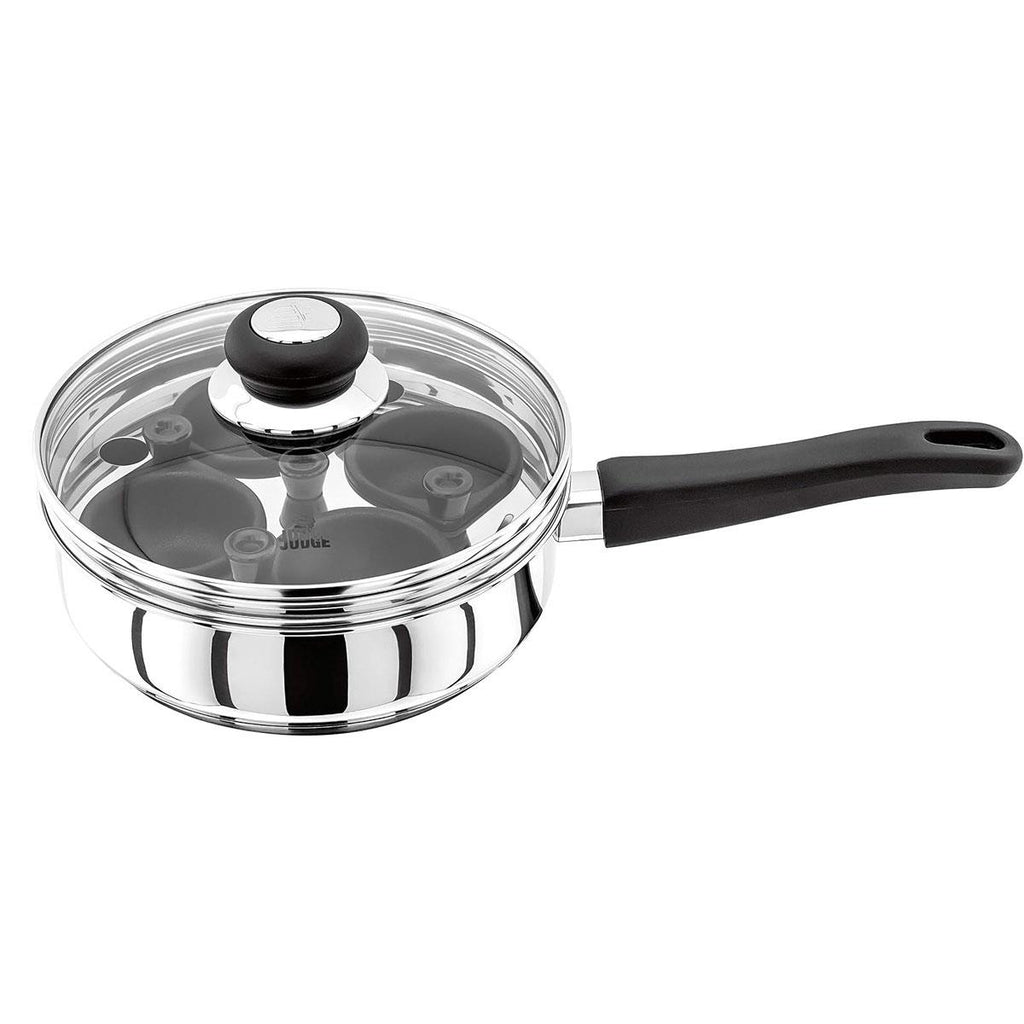 Judge Vista 4 Cup Egg Poacher 20cm Non-Stick Stainless Steel Frying Pan Vented Glass Lid Stay-Cool Handle Silver