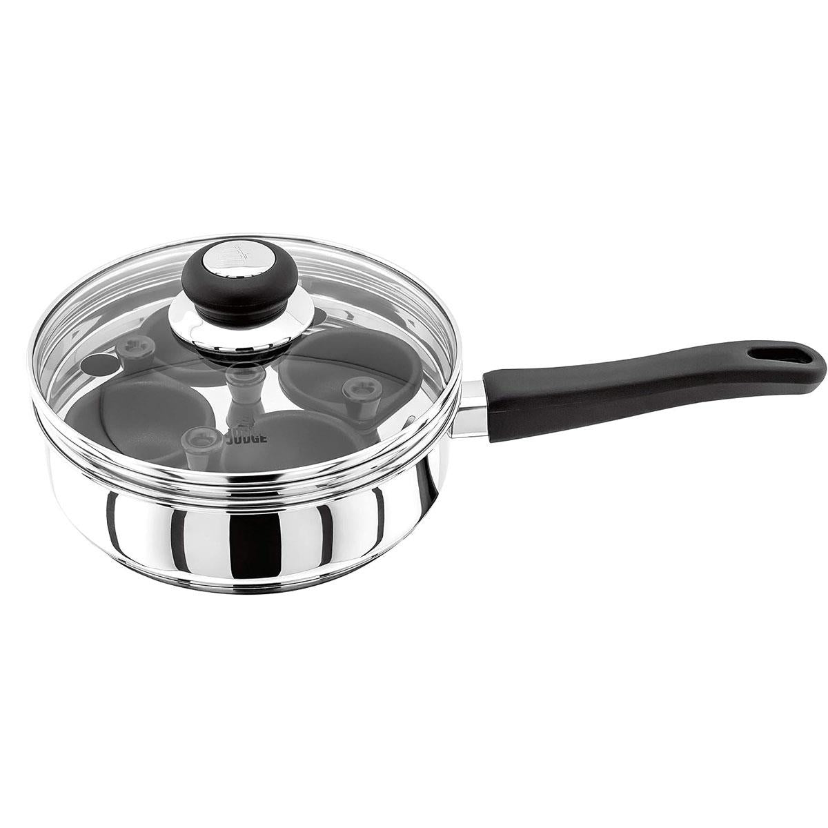 Judge Vista 4 Cup Egg Poacher 20cm Non-Stick Stainless Steel Frying Pan Vented Glass Lid Stay-Cool Handle Silver