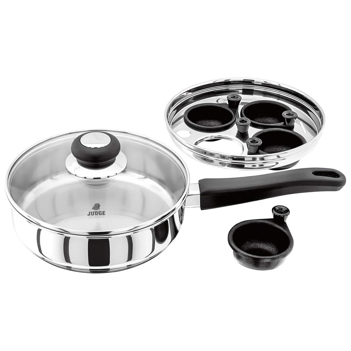 Judge Vista 4 Cup Egg Poacher 20cm Non-Stick Stainless Steel Frying Pan Vented Glass Lid Stay-Cool Handle Silver