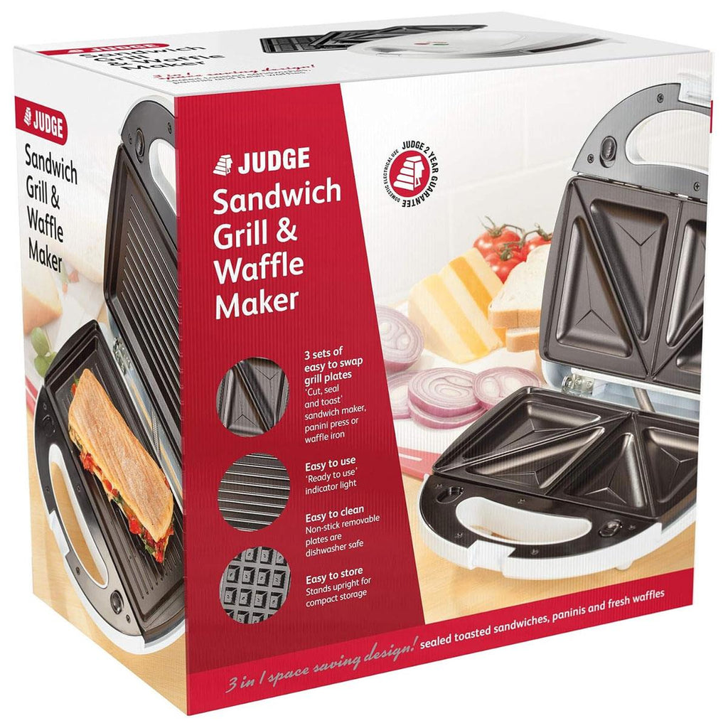 Judge Sandwich Grill And Waffle Maker Panini Grill Press With 3 Non-Stick Grill Plates White