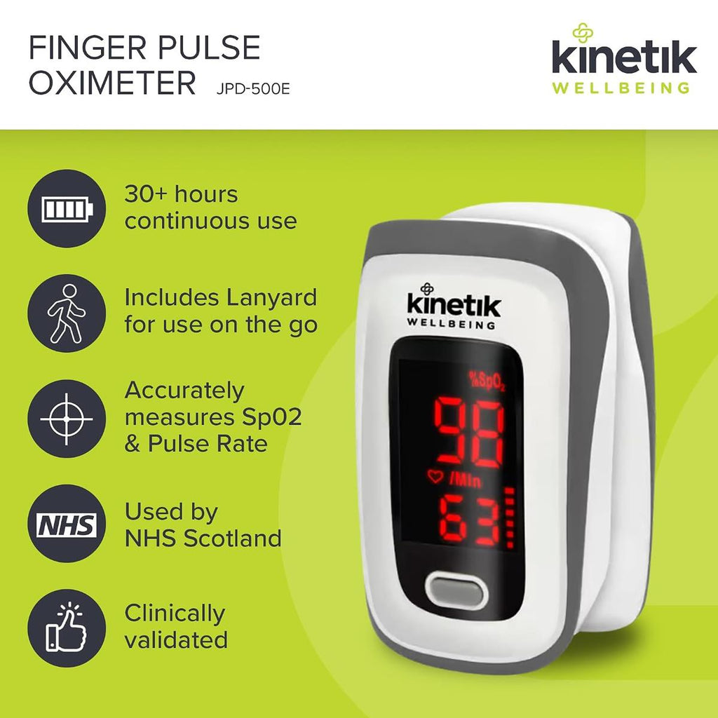 Kinetik Wellbeing Finger Pulse Oximeter Heart Rate Monitor Blood Oxygen Saturation Monitor Accurate Sats Pulse Heart-Rate White