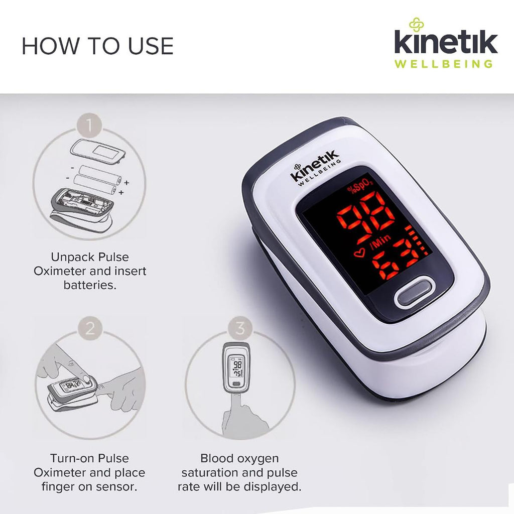 Kinetik Wellbeing Finger Pulse Oximeter Heart Rate Monitor Blood Oxygen Saturation Monitor Accurate Sats Pulse Heart-Rate White