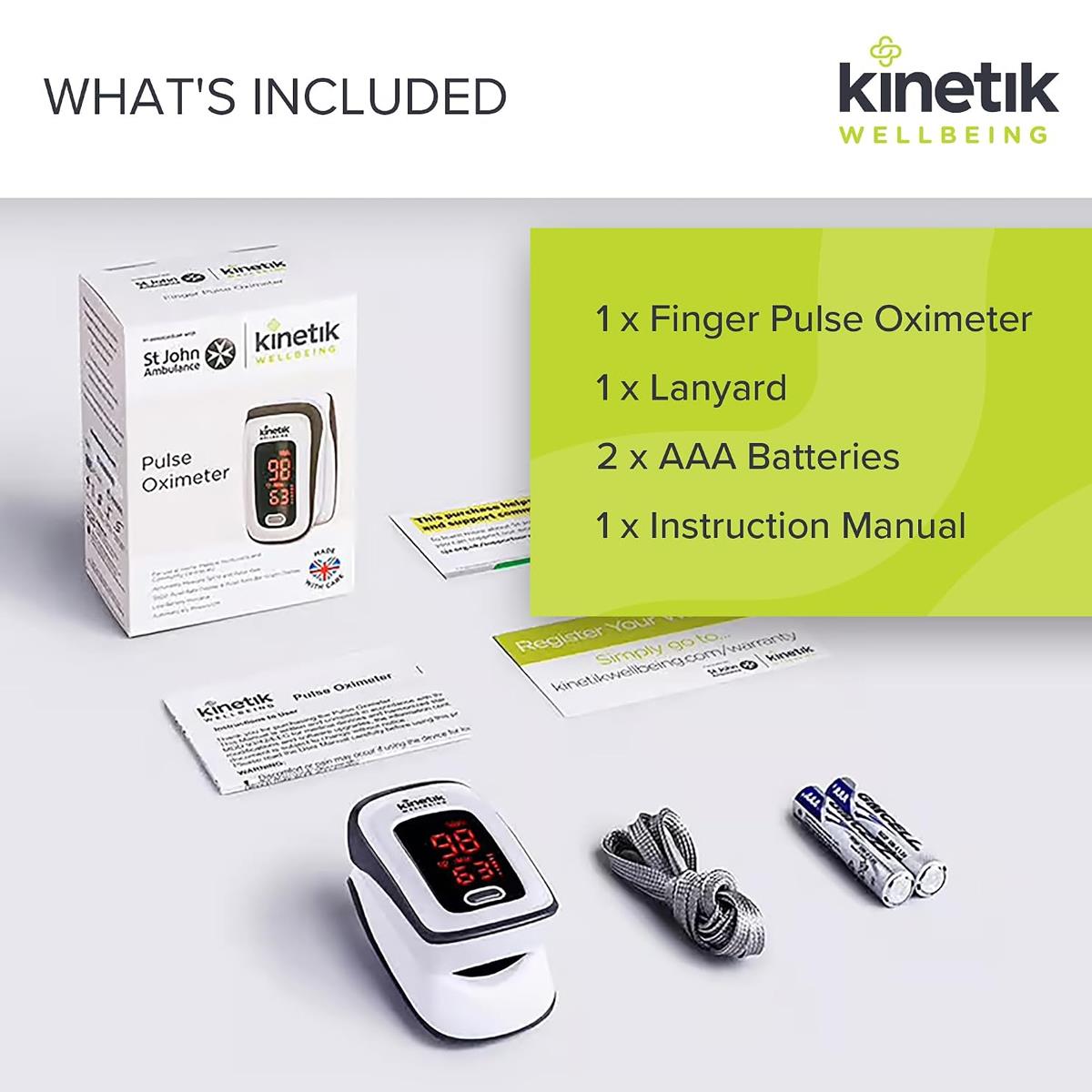 Kinetik Wellbeing Finger Pulse Oximeter Heart Rate Monitor Blood Oxygen Saturation Monitor Accurate Sats Pulse Heart-Rate White