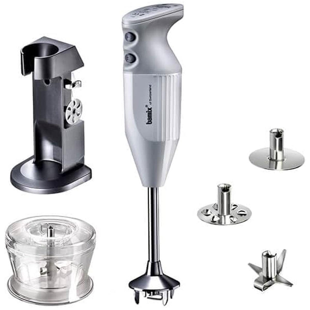 Bamix Deluxe Hand Held Stick Blender Food Processsor Multi-Purpose 2 Speeds 3 Stainless Steel Blades Grinder And Stand 200W White