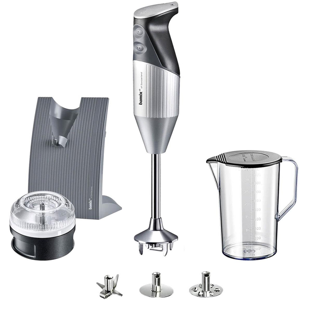 Bamix SwissLine Hand Held Stick Blender Food Processsor Multi-Purpose 2 Speeds 3 Stainless Steel Blades Processor 1000ml Jug With Lid And Stand 200W Silver