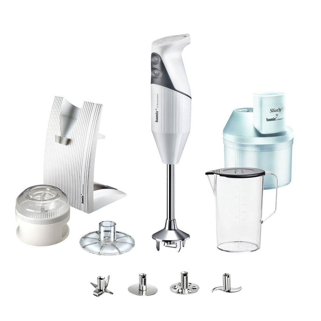 Bamix Superbox Hand Held Stick Blender Food Processsor Multi-Purpose 2 Speeds 5 Stainless Steel Blades Processor Powder Disc 1000ml Jug With Lid SliceSy And Stand 200W White