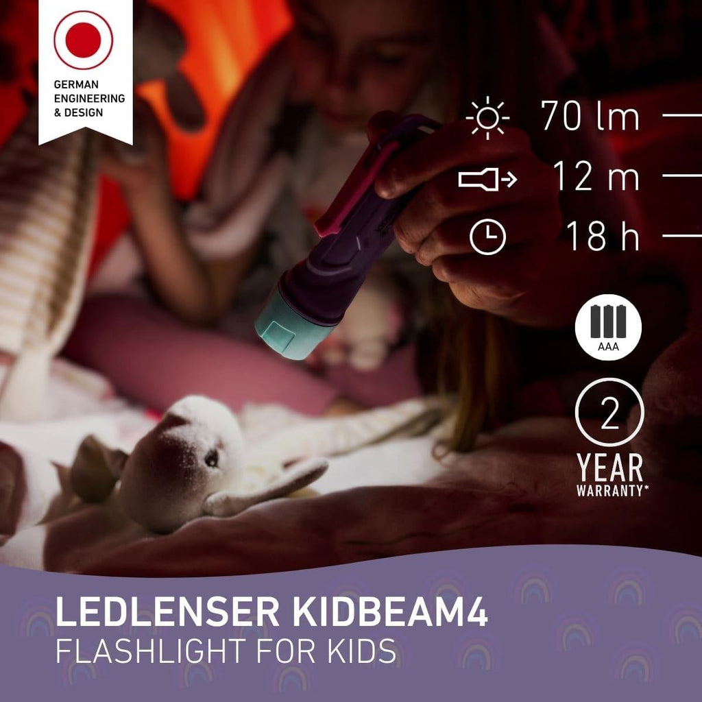 Ledlenser KIDBEAM4 Kids Torch 4 Colour LED AAA Battery Dinosaur Torch Pocket Clip Auto Shut-Off Fireman Gift For Children Purple