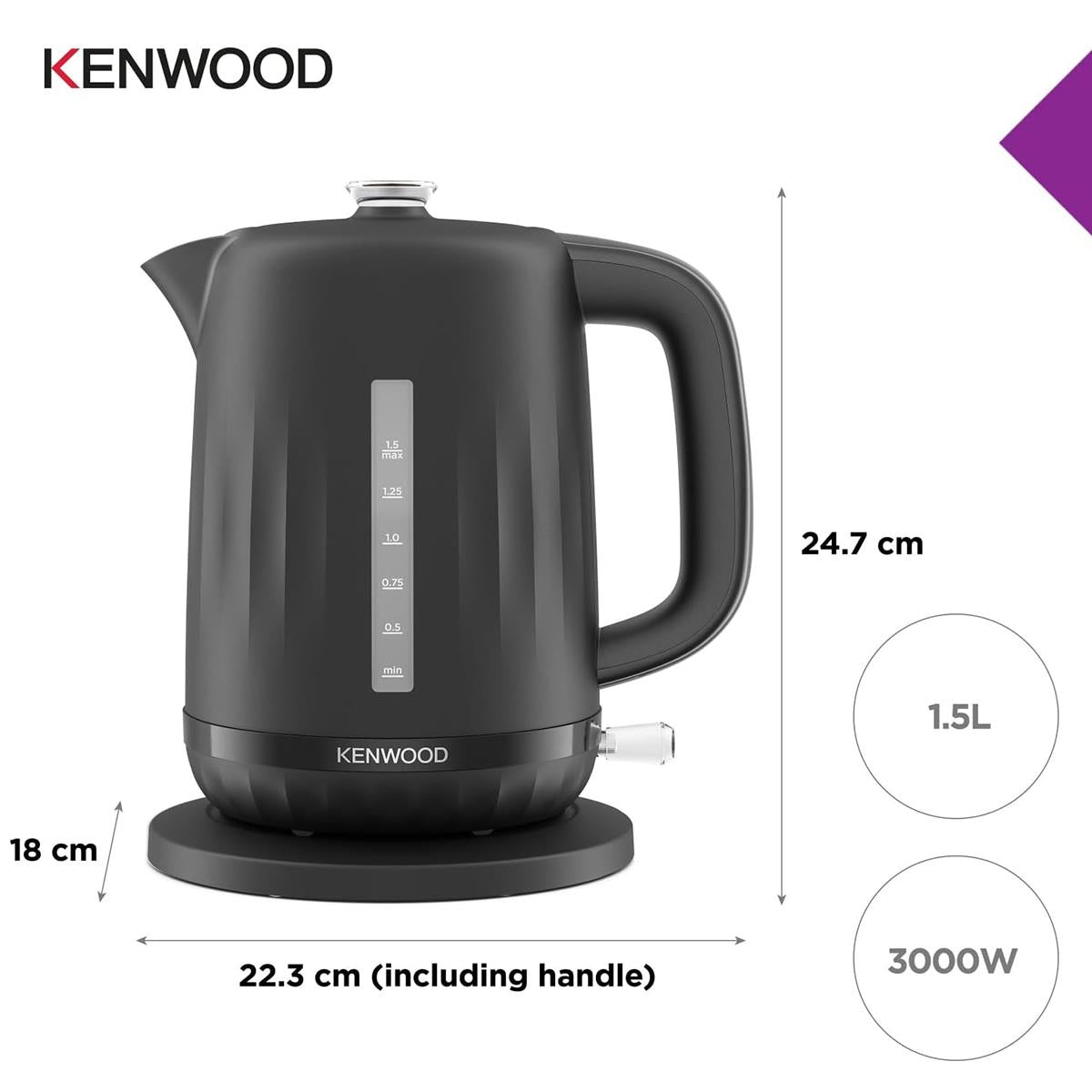 Kenwood Ripple Electric Jug Kettle 3000W 1.5 Litres Midnight Black
