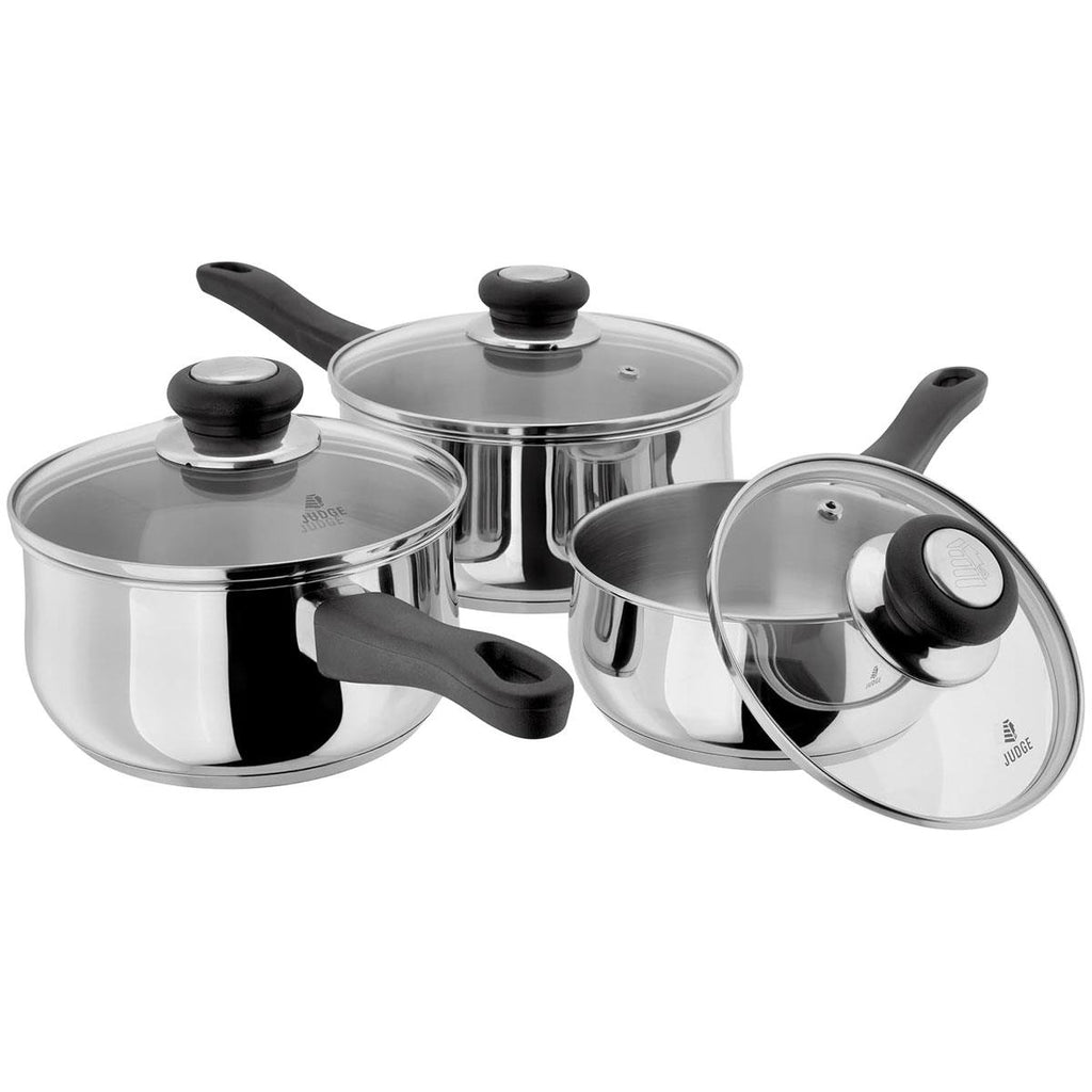 Judge Vista Saucepans 16cm 18cm And 20cm Set of 3 Stainless Steel Shatterproof Vented Glass Lids Silver