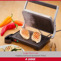 Judge Electricals Healthy Grill Panini Press Grill Sandwich Toaster Toastie Maker With Floating Hinges Non-Stick Griddle Plates Removable Drip Tray 1000W Silver