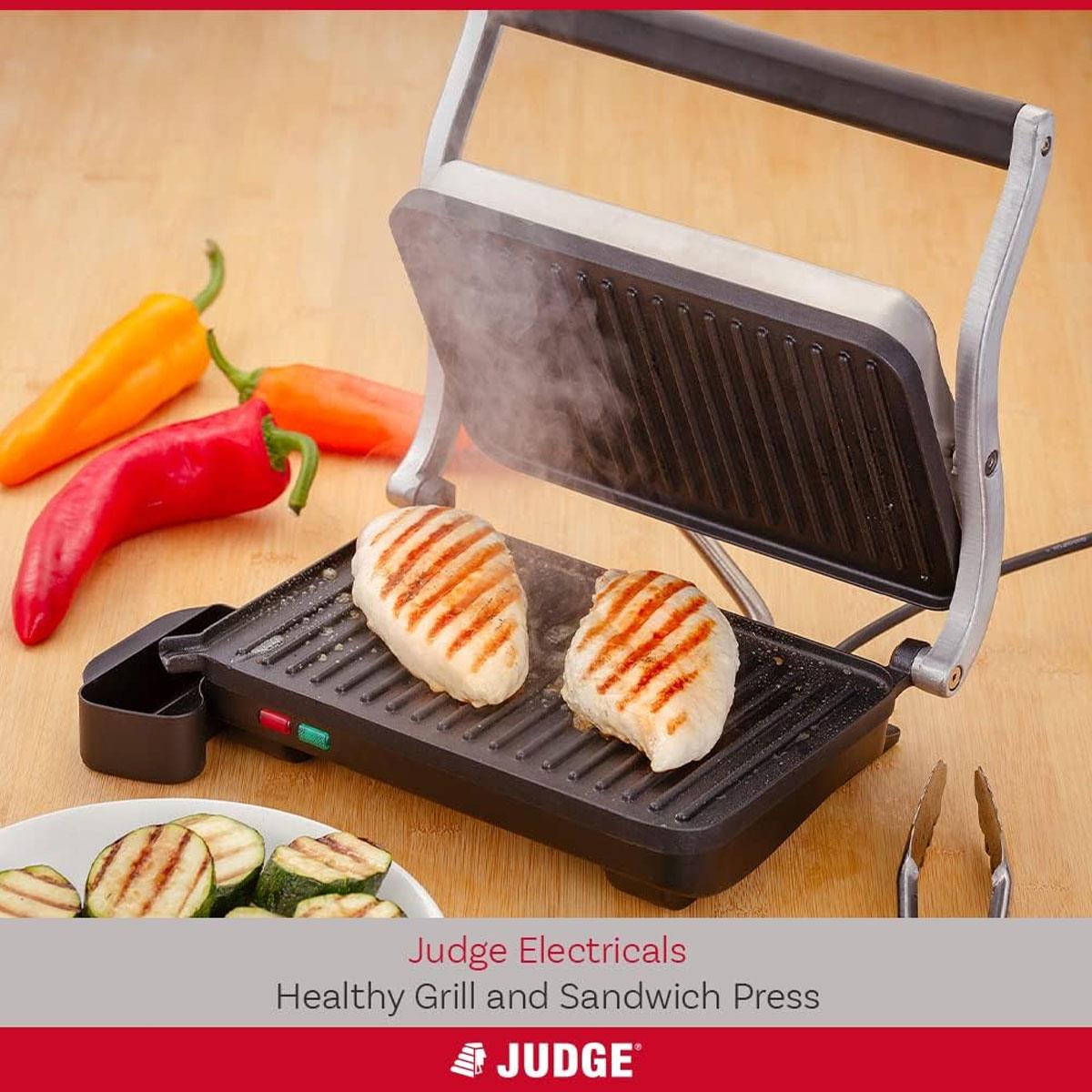 Judge Electricals Healthy Grill Panini Press Grill Sandwich Toaster Toastie Maker With Floating Hinges Non-Stick Griddle Plates Removable Drip Tray 1000W Silver