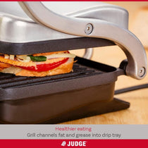 Judge Electricals Healthy Grill Panini Press Grill Sandwich Toaster Toastie Maker With Floating Hinges Non-Stick Griddle Plates Removable Drip Tray 1000W Silver