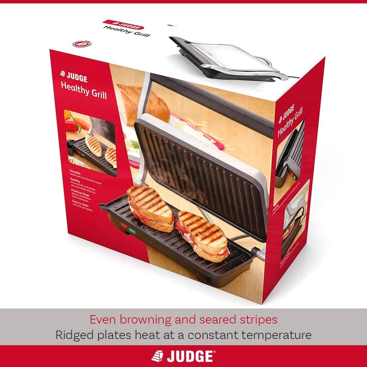 Judge Electricals Healthy Grill Panini Press Grill Sandwich Toaster Toastie Maker With Floating Hinges Non-Stick Griddle Plates Removable Drip Tray 1000W Silver