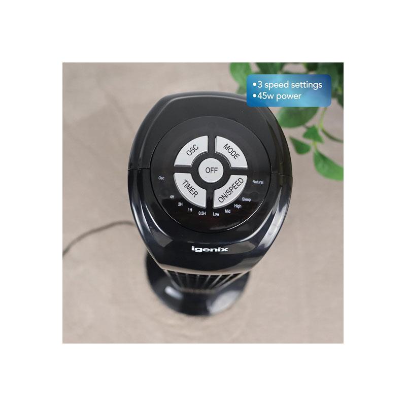 Igenix 29 Inch Tower Fan With 3 Speed Settings Oscillation Function 7.5 Hour Timer Remote Control 45W Black
