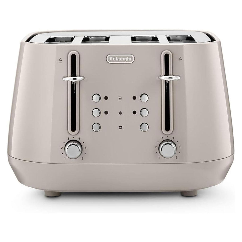 Delonghi Eclettica 4 Slice Toaster With Reheat And Defrost Functions Control Panels Browning Levels Pull Crumbs Trays Stainless Steel 1800W Biscuit Beige