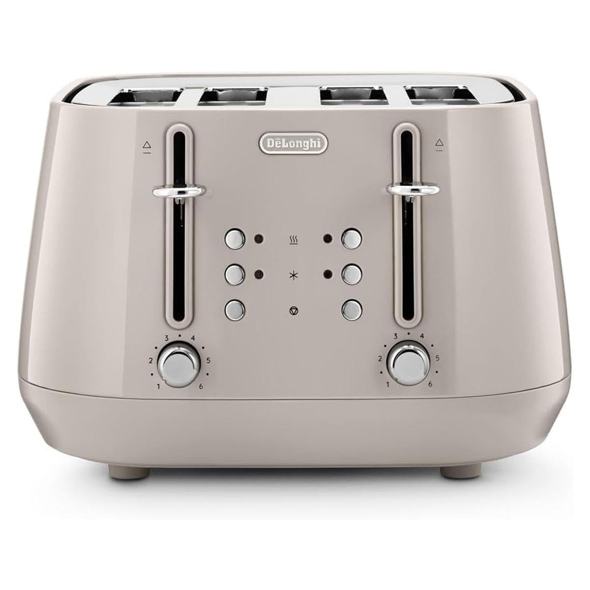 Delonghi Eclettica 4 Slice Toaster With Reheat And Defrost Functions Control Panels Browning Levels Pull Crumbs Trays Stainless Steel 1800W Biscuit Beige